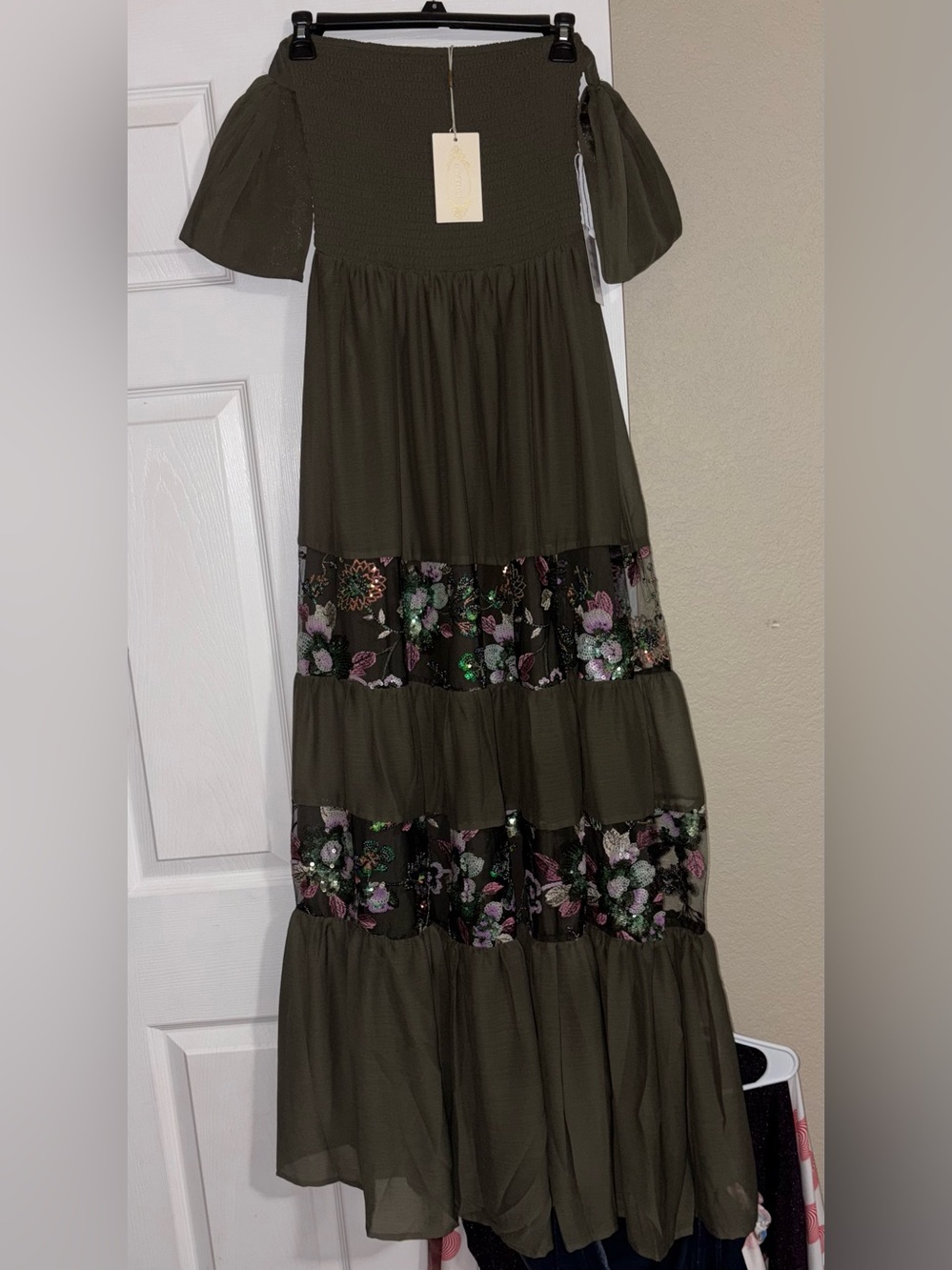 Joyfolie Olive Green Mariella Maxi Dress with Floral Sequin Tiers